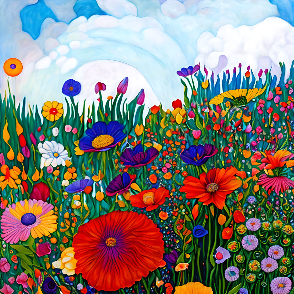 Colorful Flower Field Painting Under Blue Sky and Clouds