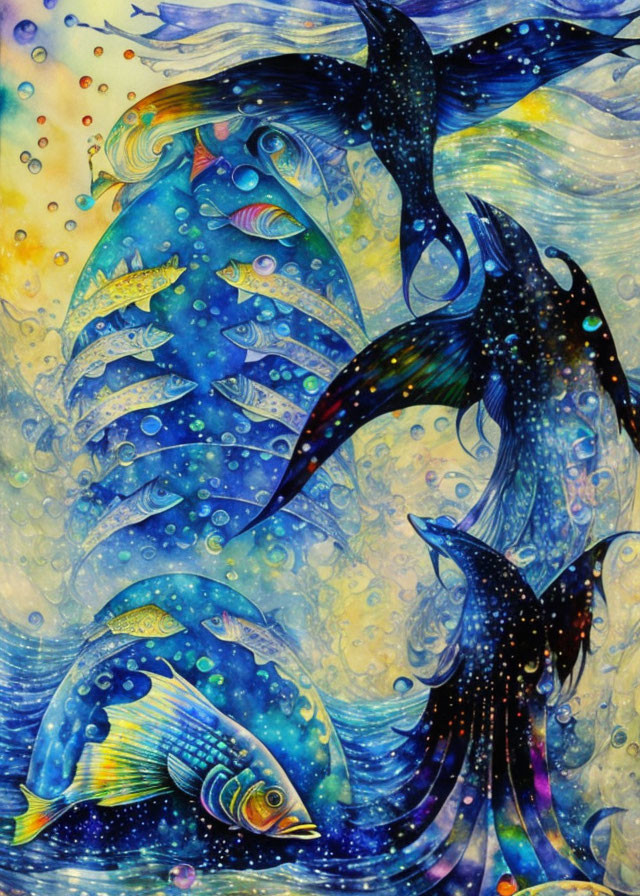 Colorful Underwater Artwork with Whimsical Whales and Fish