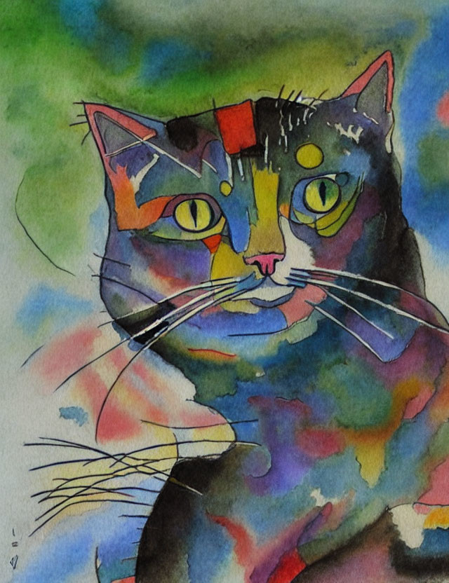 Vibrant watercolor painting of a cat with abstract patterns in green, blue, red, and