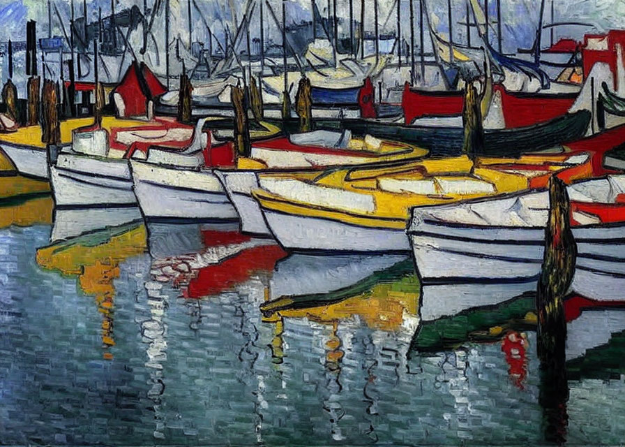 Vibrant boats with bold outlines in marina scenery