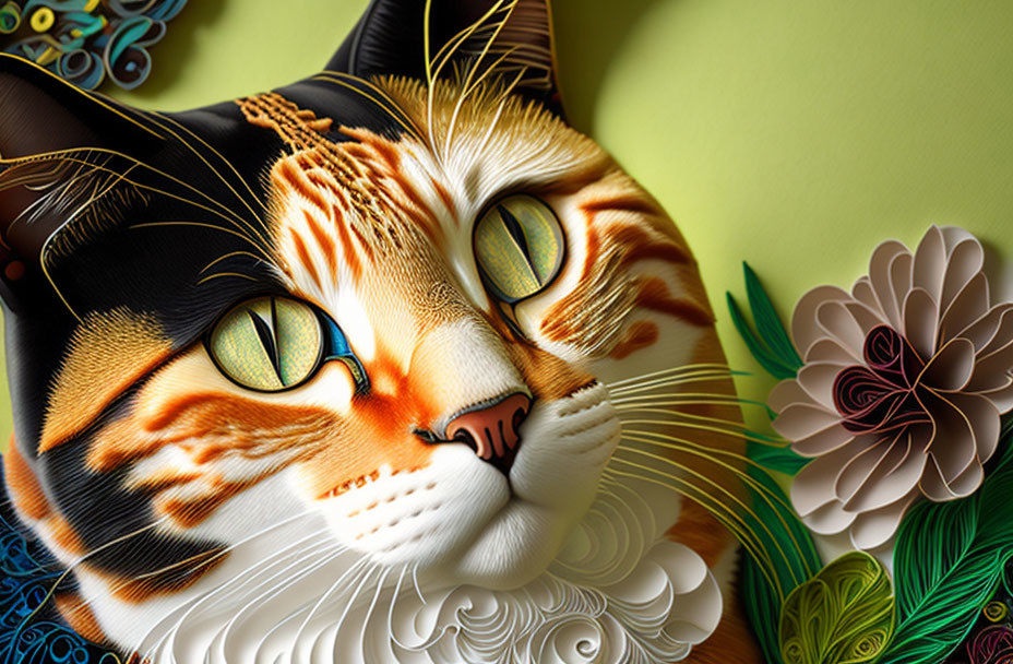 Vibrant digital artwork featuring a cat with intricate patterns and colorful floral elements