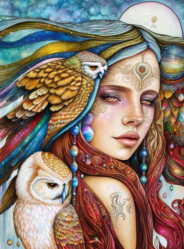 Colorful Woman with Owls: Stylized Illustration