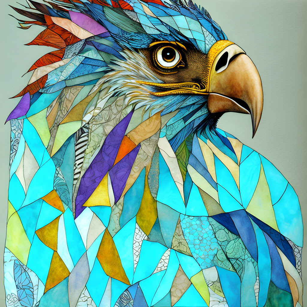 Vibrant Eagle Illustration with Mosaic Pattern and Geometric Shapes