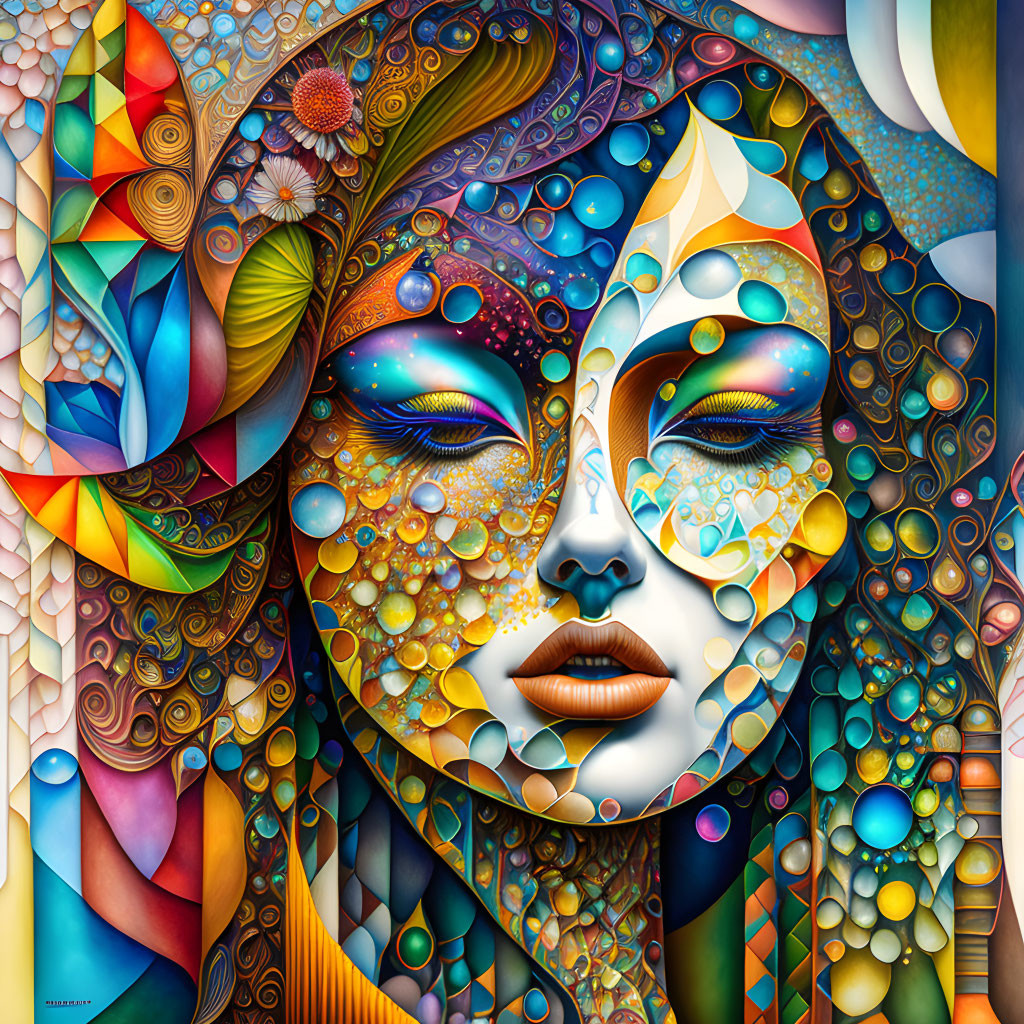 Vibrant surreal portrait of woman's face with abstract patterns and geometric shapes