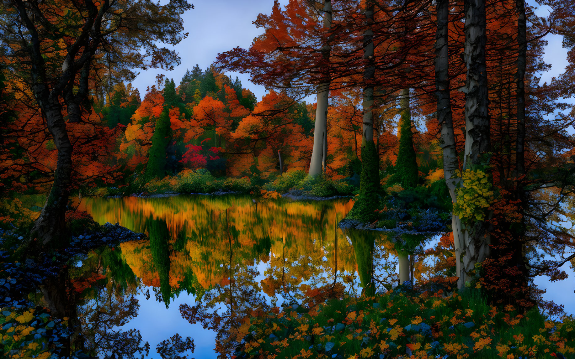 Vibrant autumn trees reflected in calm lake