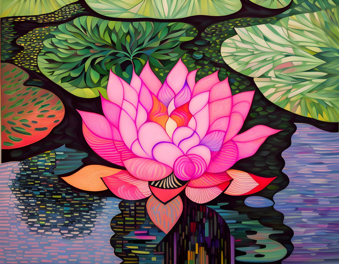 Vibrant digital artwork: Large pink lotus flower in lush greenery.