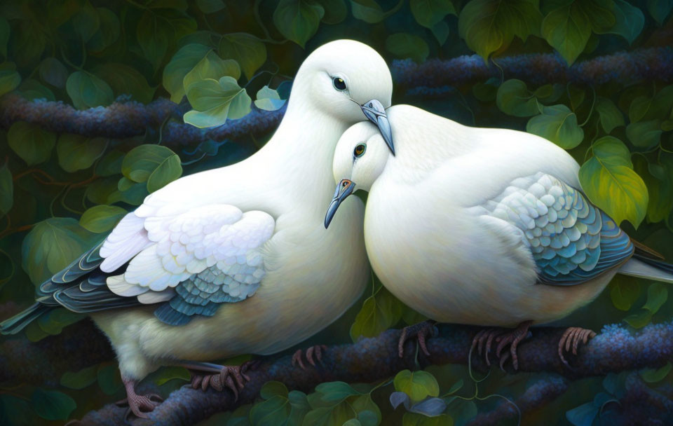 White doves nuzzling on branch with blue hints, leafy background