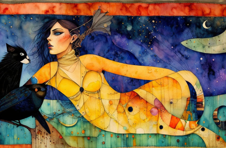 Colorful mythical woman with fish tail and black cat on celestial background