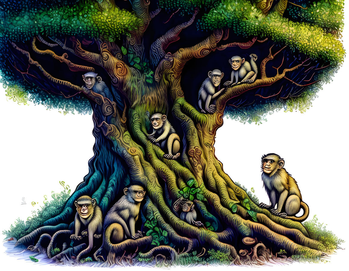 Colorful Illustration: Seven Monkeys Around Twisted Tree