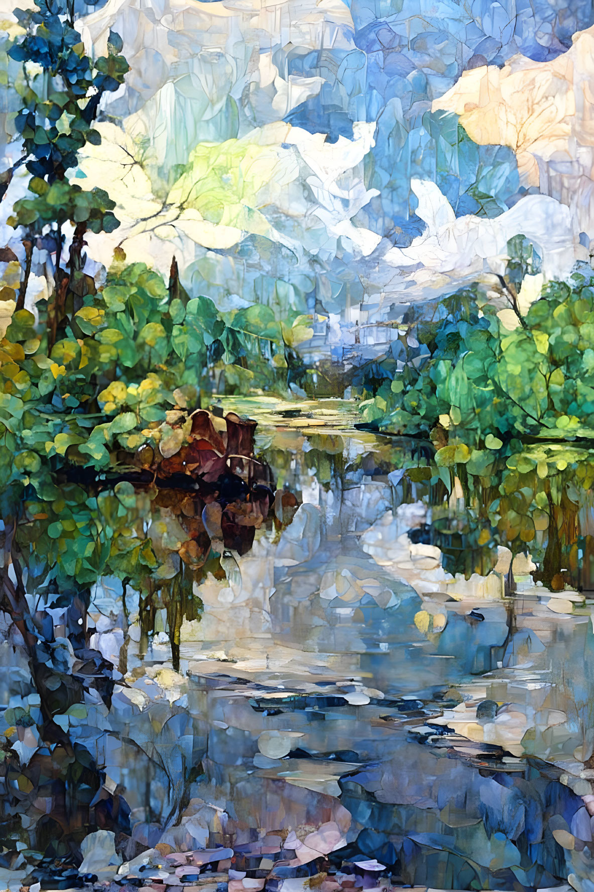 Tranquil forest scene with lush greenery and calm river in impressionistic painting