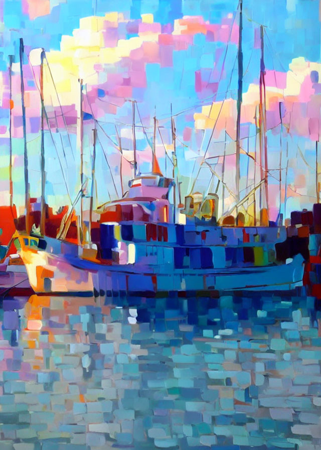 Colorful Cubist Style Painting of Boats in Harbor