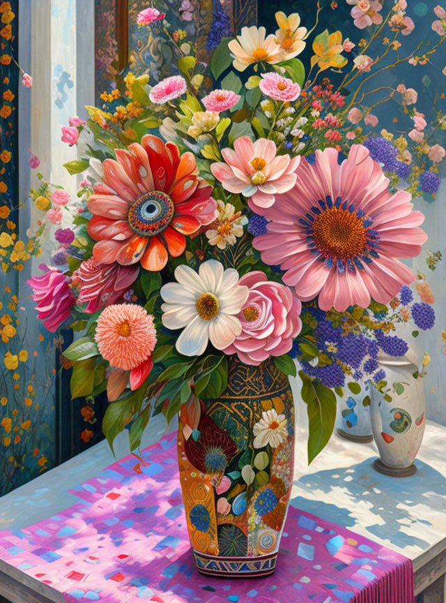 Colorful Floral Arrangement Painting with Daisies in Decorative Vase