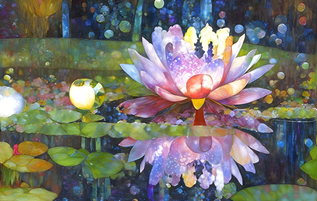 Radiant lotus flower among lily pads in luminous, ethereal scene