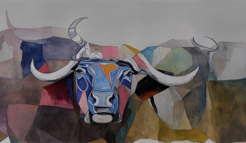 Stylized bull watercolor painting with geometric patterns in blues, purples, and earth tones