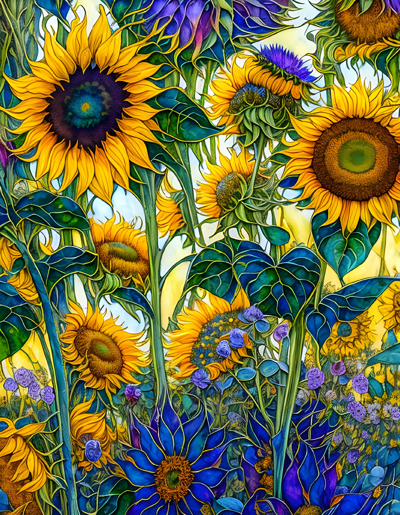 Colorful Sunflower Stained Glass Illustration with Green Foliage