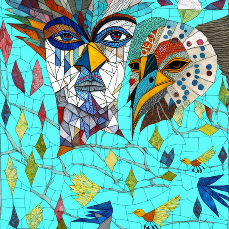 Colorful Abstract Mosaic Artwork with Human and Bird Faces