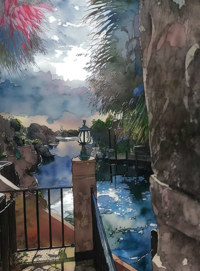 Tranquil riverside watercolor with greenery, fence, jetty, and sculpture