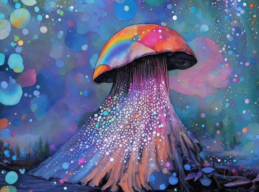 Colorful Mushroom Painting with Glittering Stem and Fantastical Background