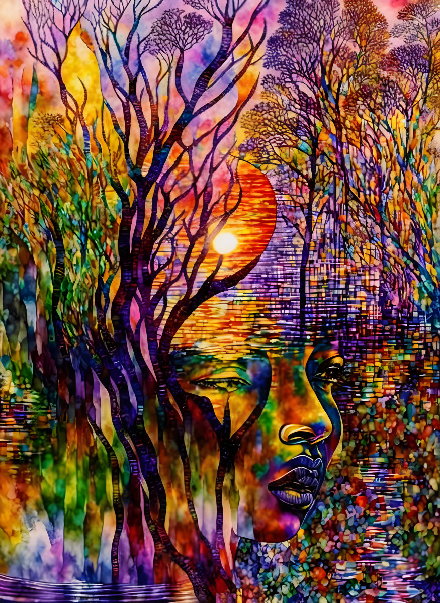 Colorful sunset forest scene with woman's silhouette reflecting on water