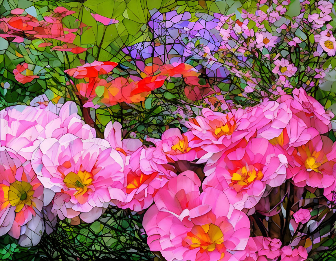 Colorful digital painting: Blooming flowers in pink, orange, and white with green leaves.