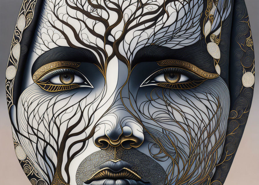 Detailed black and white face illustration with tree-like patterns and golden accents