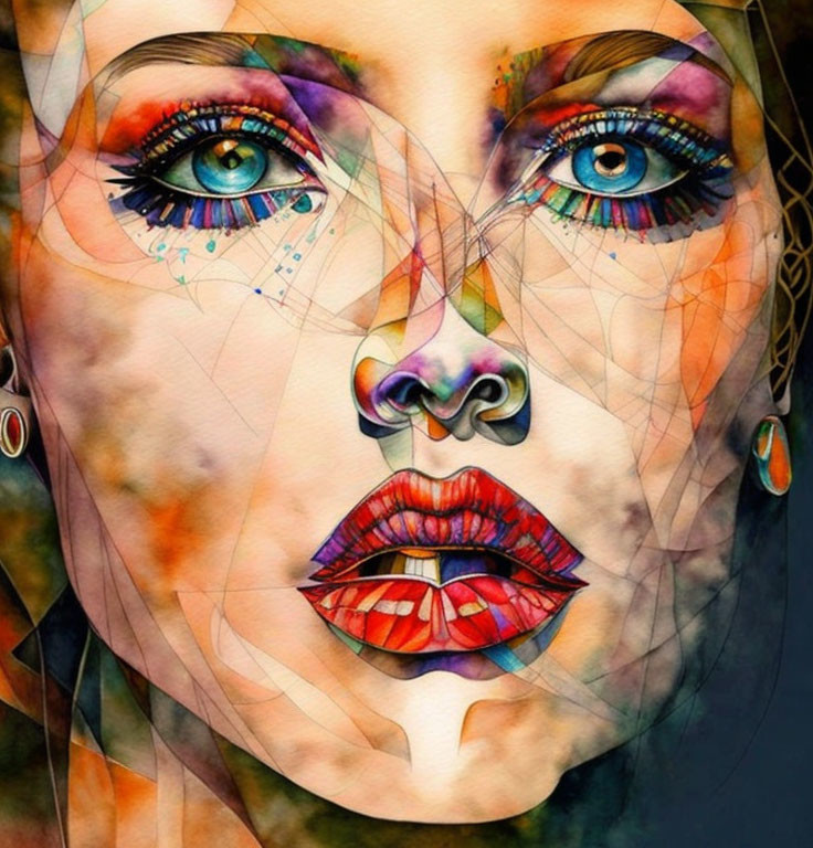 Colorful Watercolor Portrait of Woman's Face with Abstract Patterns