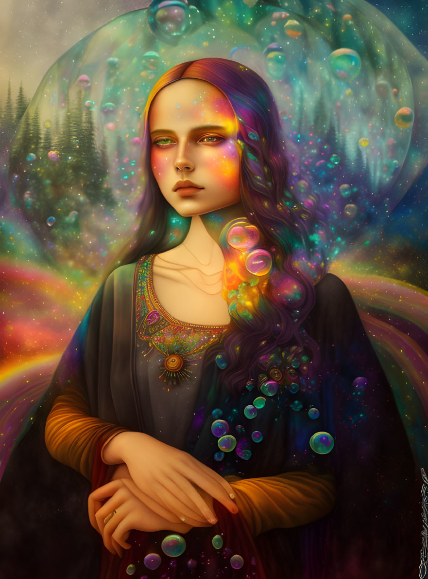 Digital portrait: Woman with violet hair and cosmic bubbles in vibrant forest and nebula backdrop