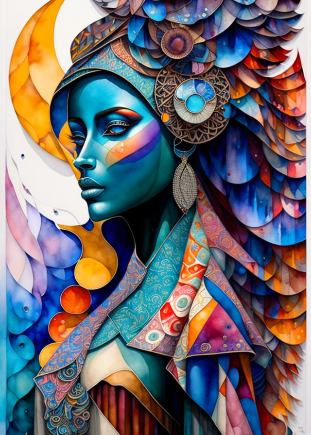 Colorful illustration of female figure with blue skin and ornate headdress