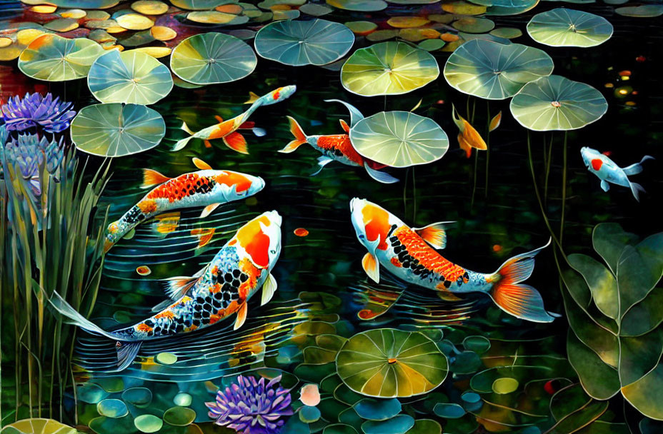 Vibrant koi fish among lily pads and flowers in serene pond