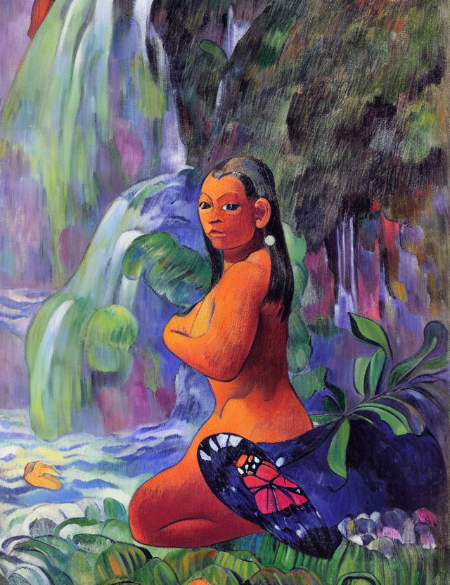 Vibrant painting of seated woman against colorful waterfall & tropical foliage