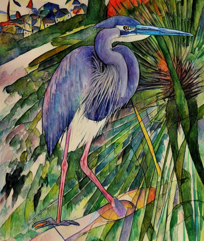 Blue Heron in Green Foliage Watercolor Painting