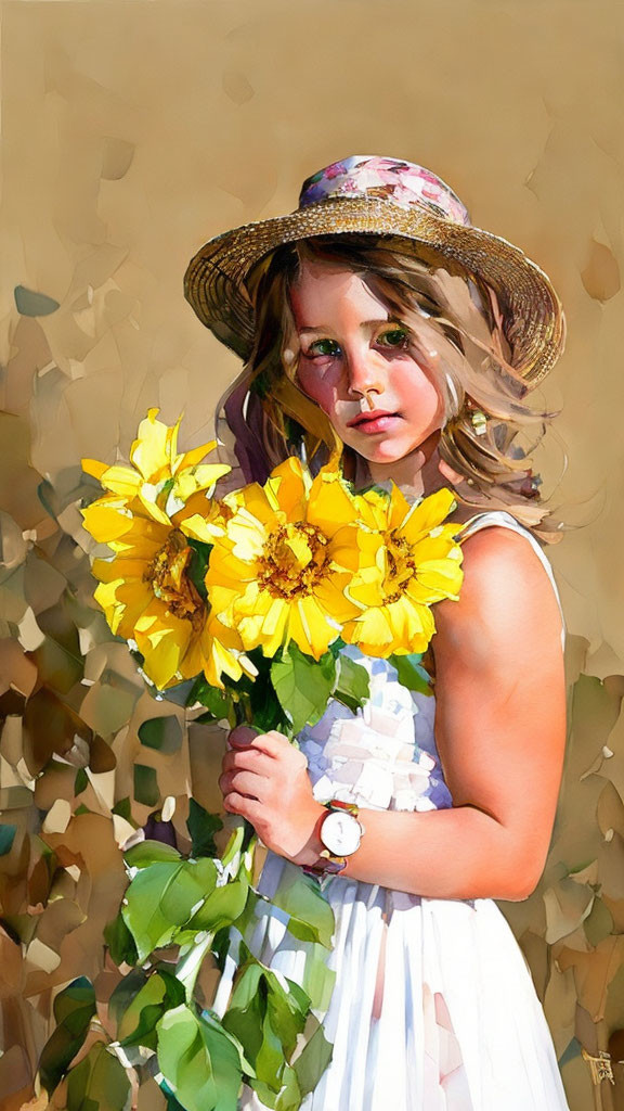 Young girl in straw hat and white sundress with sunflowers bouquet.