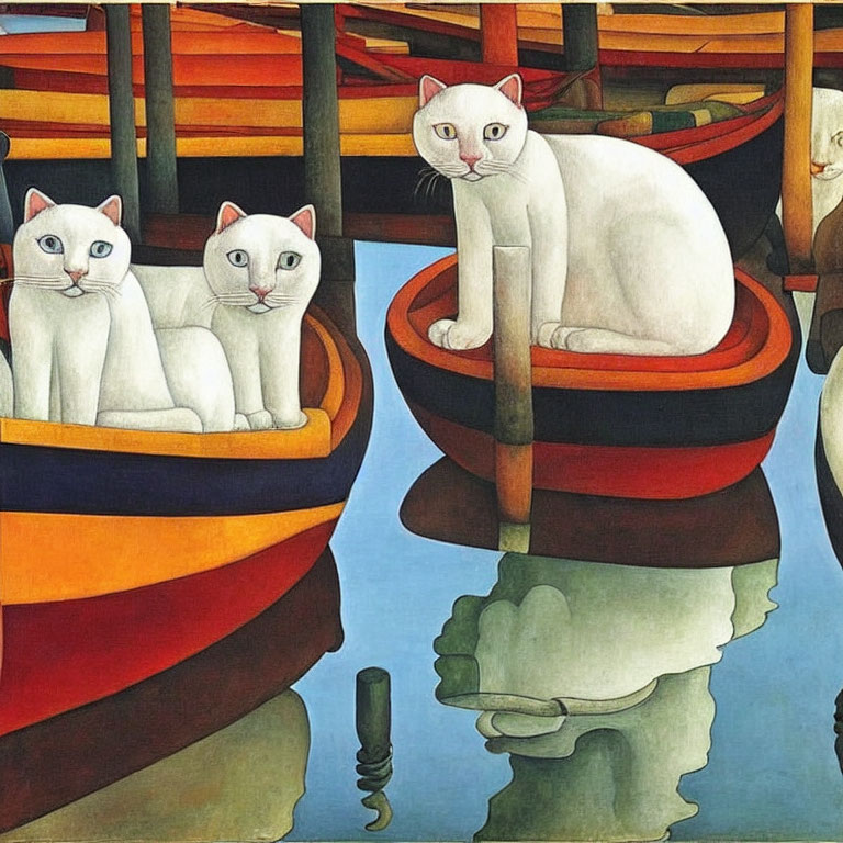 White Cats with Blue Eyes in Colorful Rowboats on Calm Water