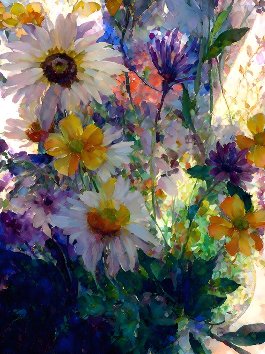 Vibrant floral painting with white daisy on textured backdrop