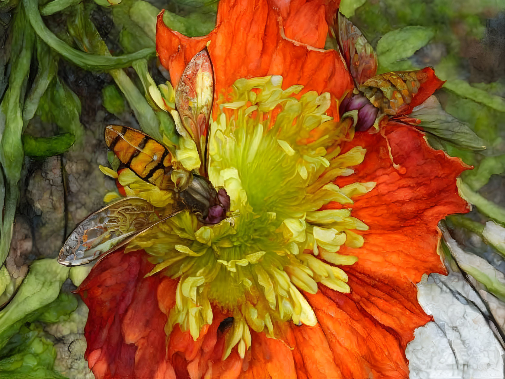 Detailed orange flower with yellow center and insects on green backdrop