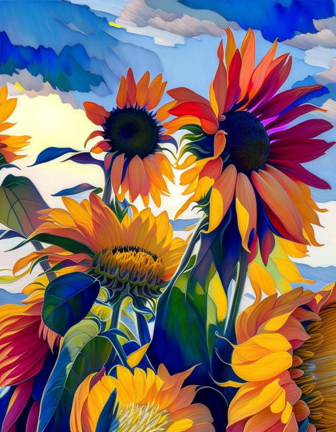 Colorful sunflower digital art with textured background