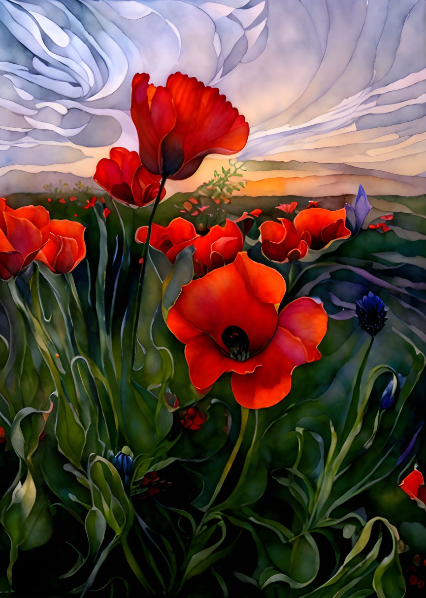 Dynamic red poppies in swirling sky over undulating landscape