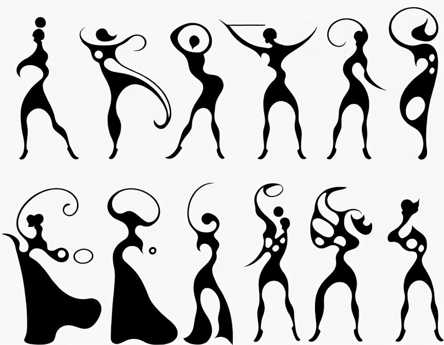 Stylized Silhouettes of Women in Dance Poses on White Background