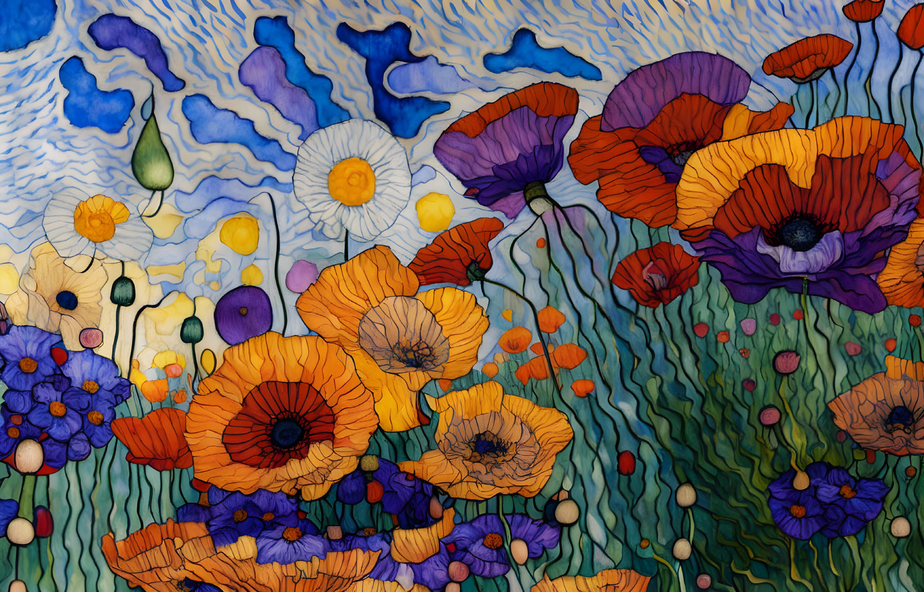 Colorful Stained Glass Artwork: Poppies and Flowers on Blue Background