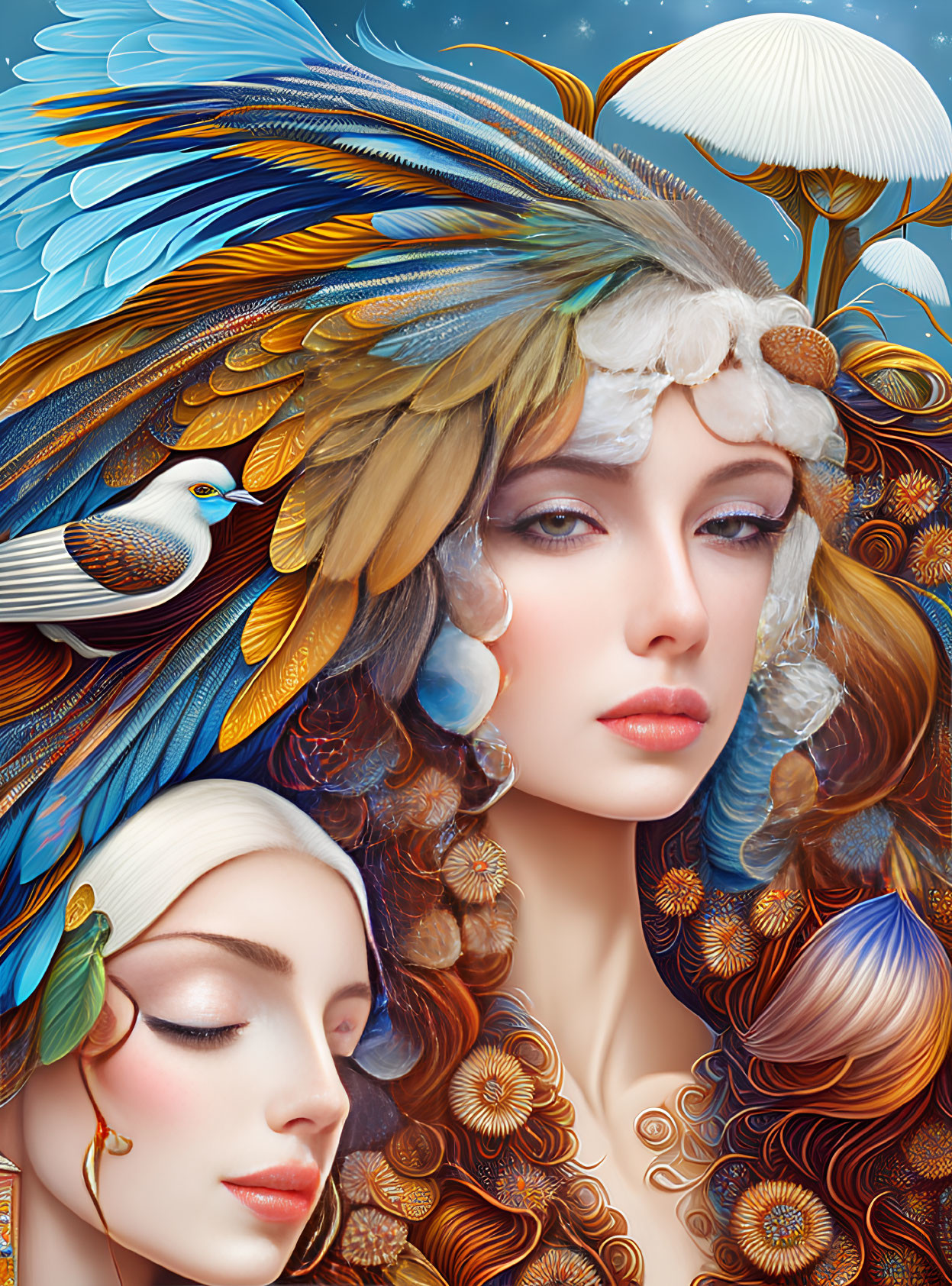 Detailed Illustration of Female Faces with Colorful Feathers and Stylized Flora