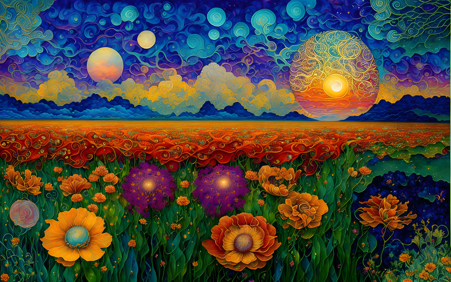 Surreal landscape with stylized flowers under multiple moons and suns