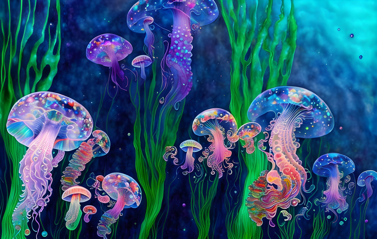 Colorful Jellyfish Artwork Among Seaweed in Deep-Blue Underwater Scene