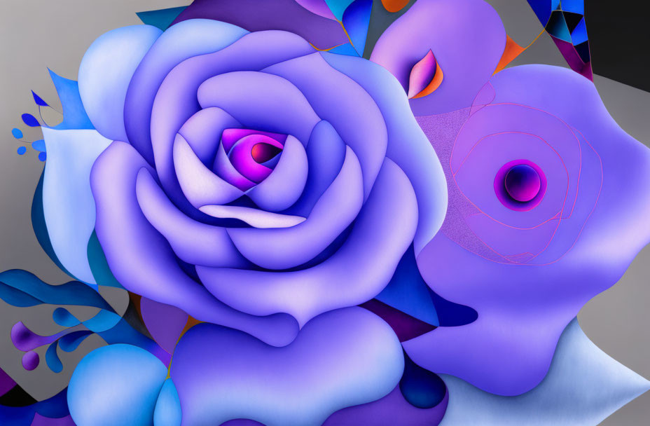 Vibrant purple rose with overlapping petals in blue and orange hues