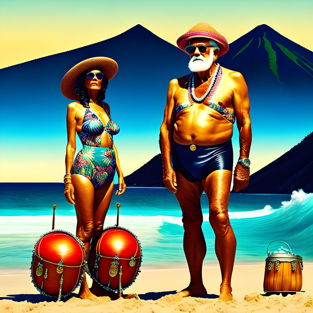 Elderly individuals in swimwear and hats on beach with bongo drums and cooler