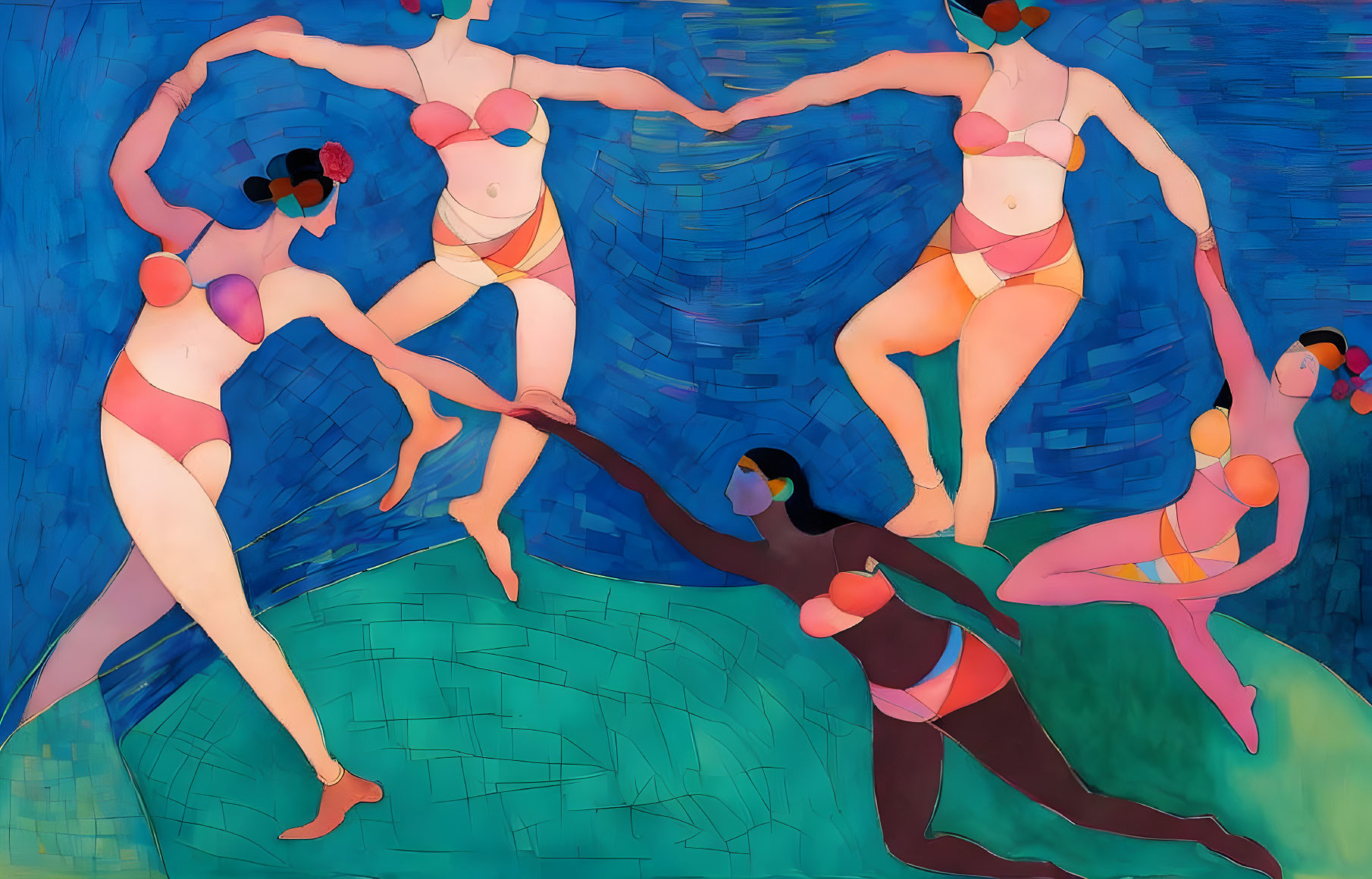 Colorful painting of female figures in swimsuits dancing with abstract blue and green backdrop