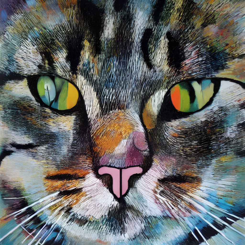 Colorful Close-Up Cat Face Painting with Green-Yellow Eyes