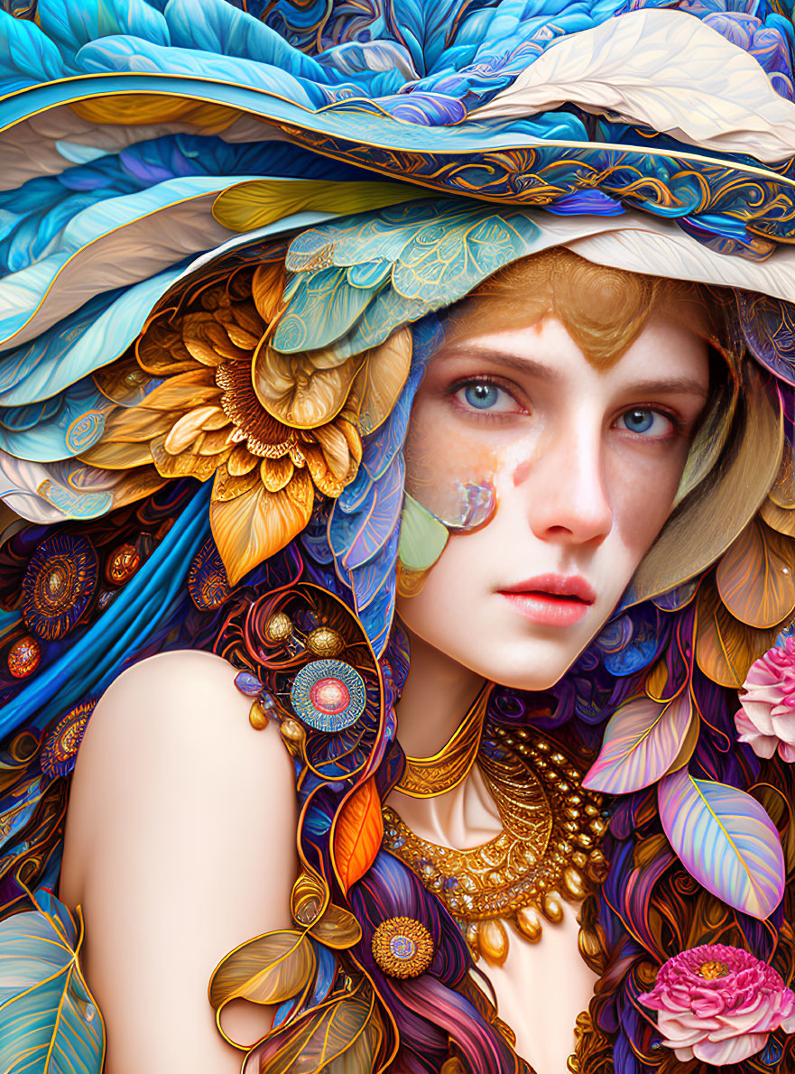 Colorful digital art: Woman with floral patterns & jewelry in blues, golds, pinks