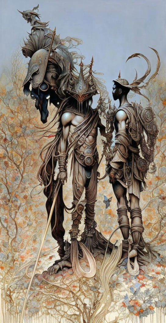 Fantasy figures in intricate armor among autumn leaves