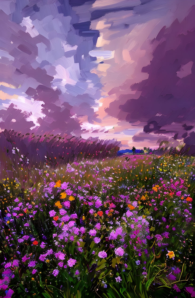 Colorful impressionist painting of wildflower meadow at sunset