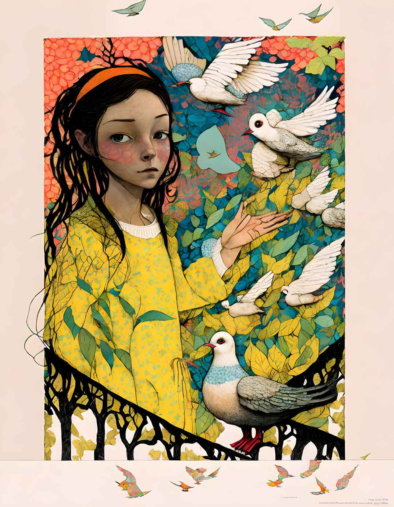 Girl in Yellow Dress Surrounded by White Doves and Surreal Nature Scene